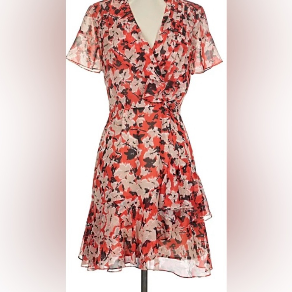 Reiss “Marseilles” Vneck Vibrant Red and Black Cocktail Mini Dress, Size 8